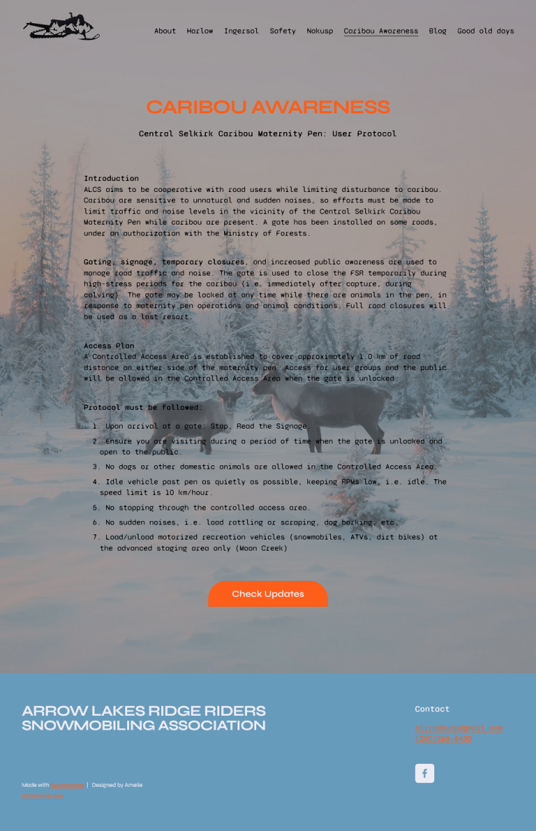Nakusp Arrow Lakes Ridge Riders Caribou Awareness Page Website Design